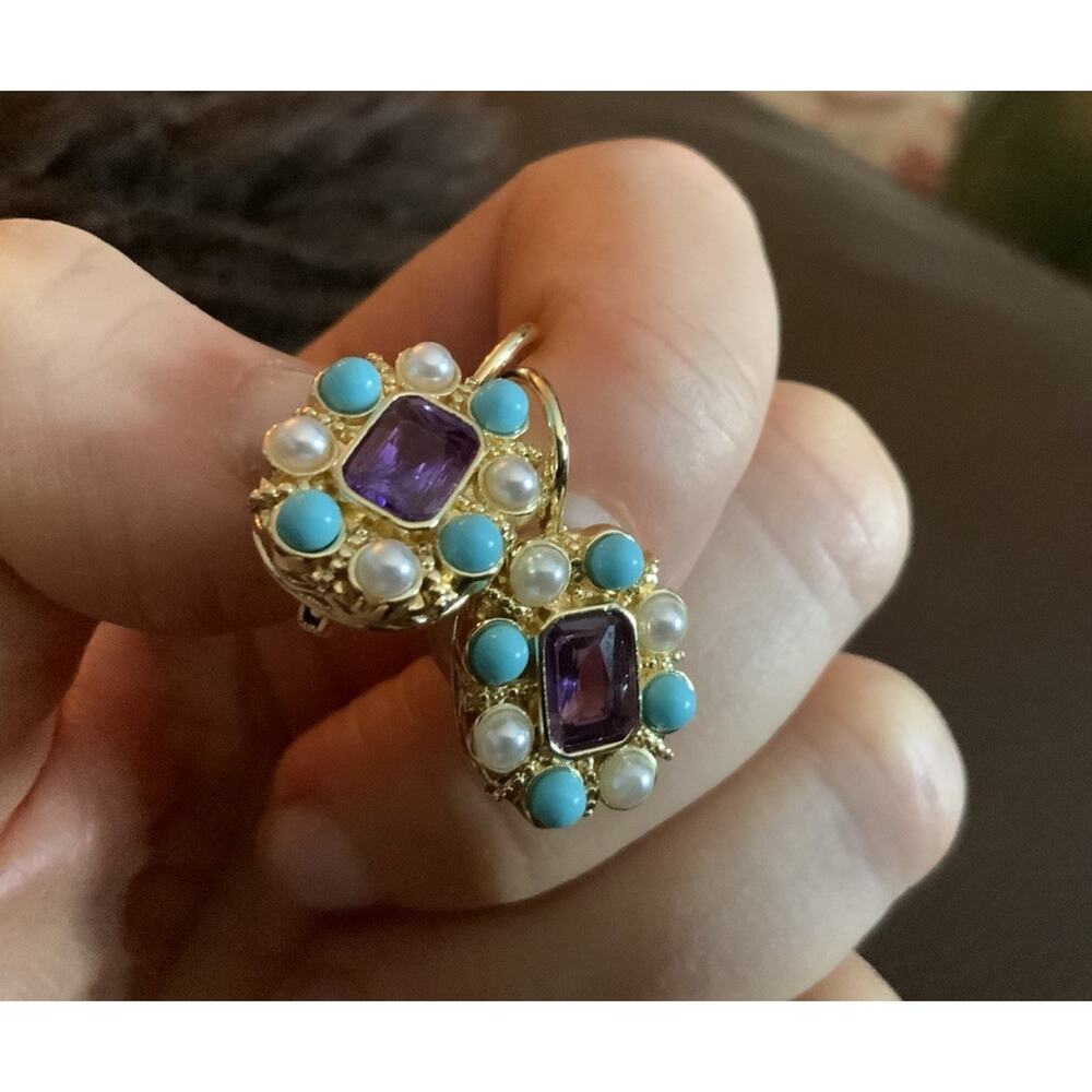 Museum Amethyst Earrings Gold Pearl Flower Turquoise Court Boho Statement VTG CZ - Picture 5 of 7